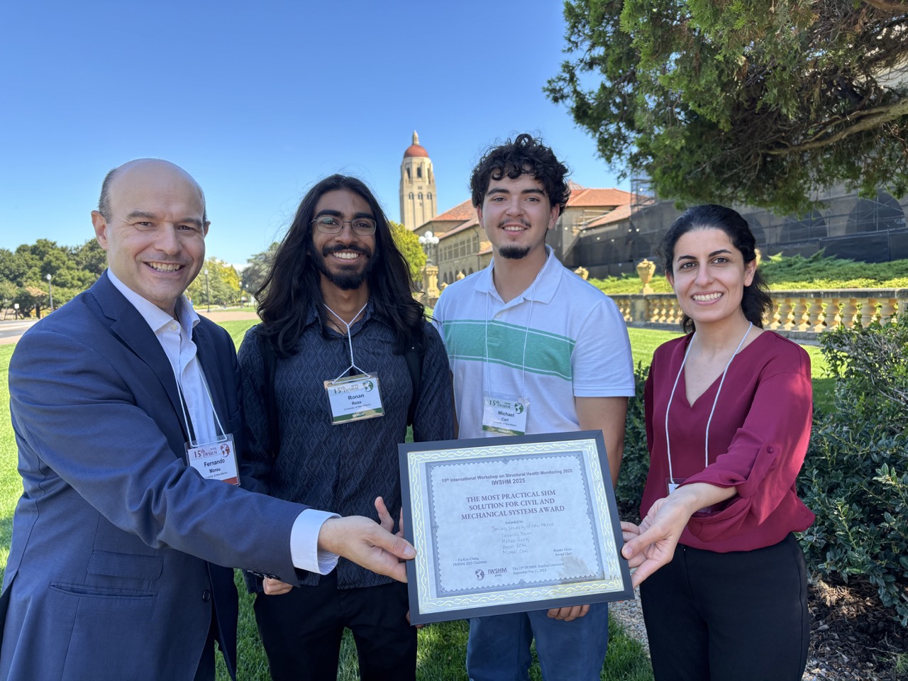 photo: SHM Team: Fernando Moreu, Ronan Reza, Michael Carl and Mahsa Sanei after receiving the SHM in Action award at Palo Alto, September 10, 2025.