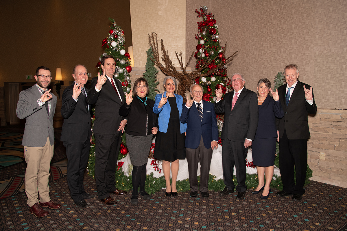 Photo: The 2023 Distinguished Alumni Award class (from left): George Cathey, Nicholas Morley, Steven Renfro, Casey DeRaad, Dean Donna Riley, John Conover, Clark Dickson, Jennifer Toth and Derek Smith.
